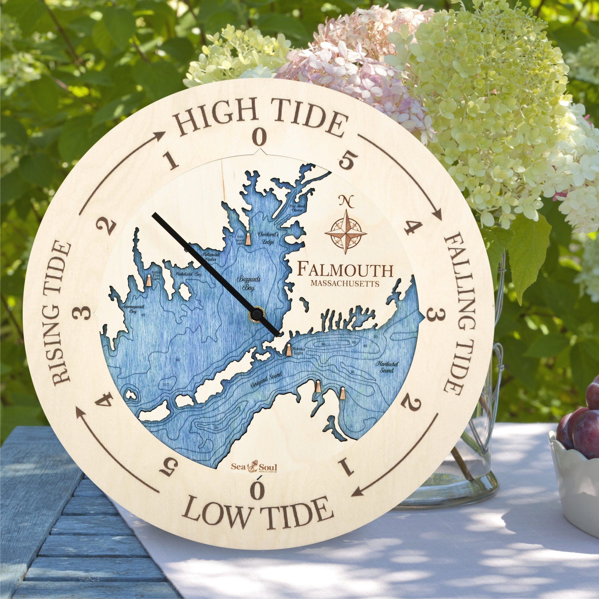 Falmouth Tide Clock Birch with Deep Blue water in use