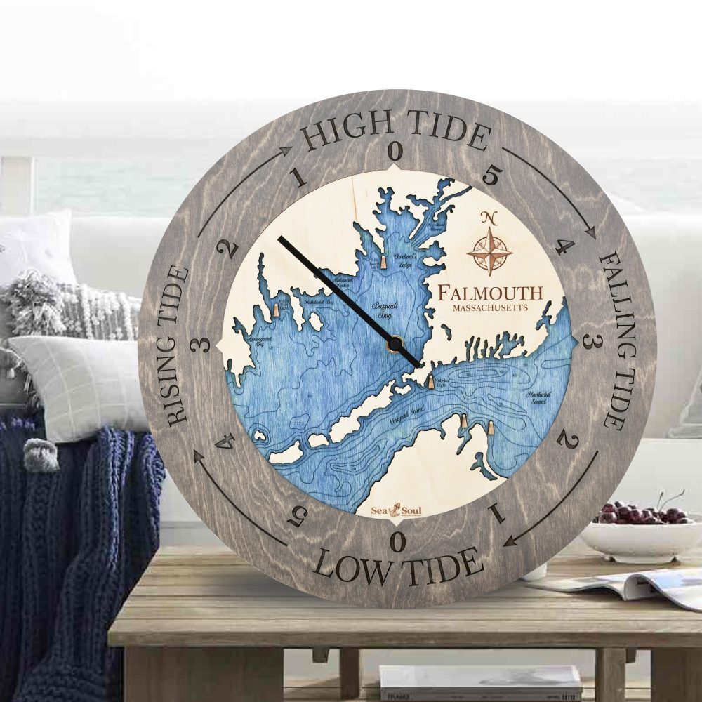 Falmouth Tide Clock Driftwood with Deep Blue water in use