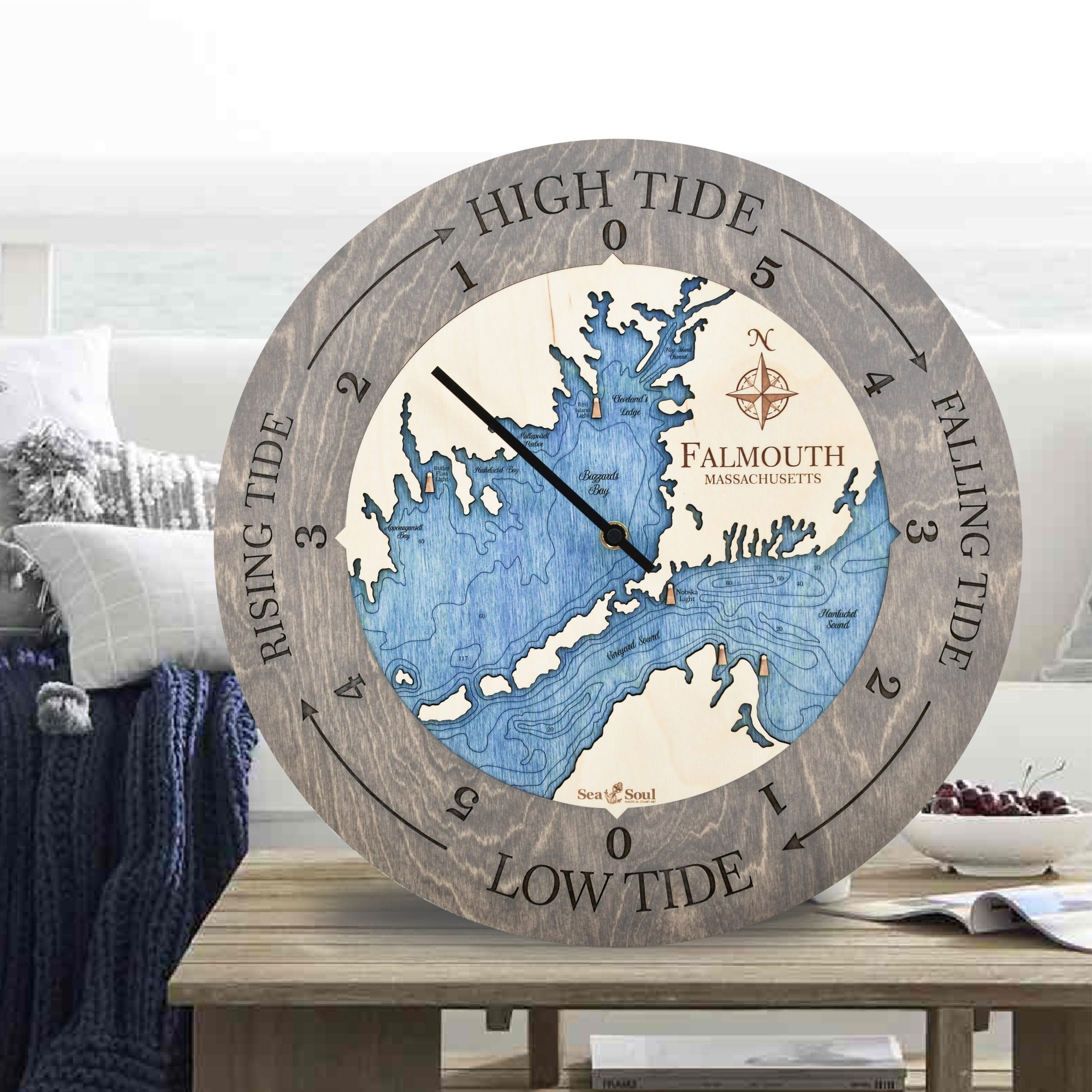 Falmouth Tide Clock Driftwood with Deep Blue water in use