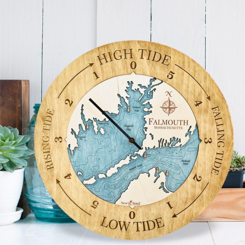 Falmouth Tide Clock Honey with Blue Green water in use