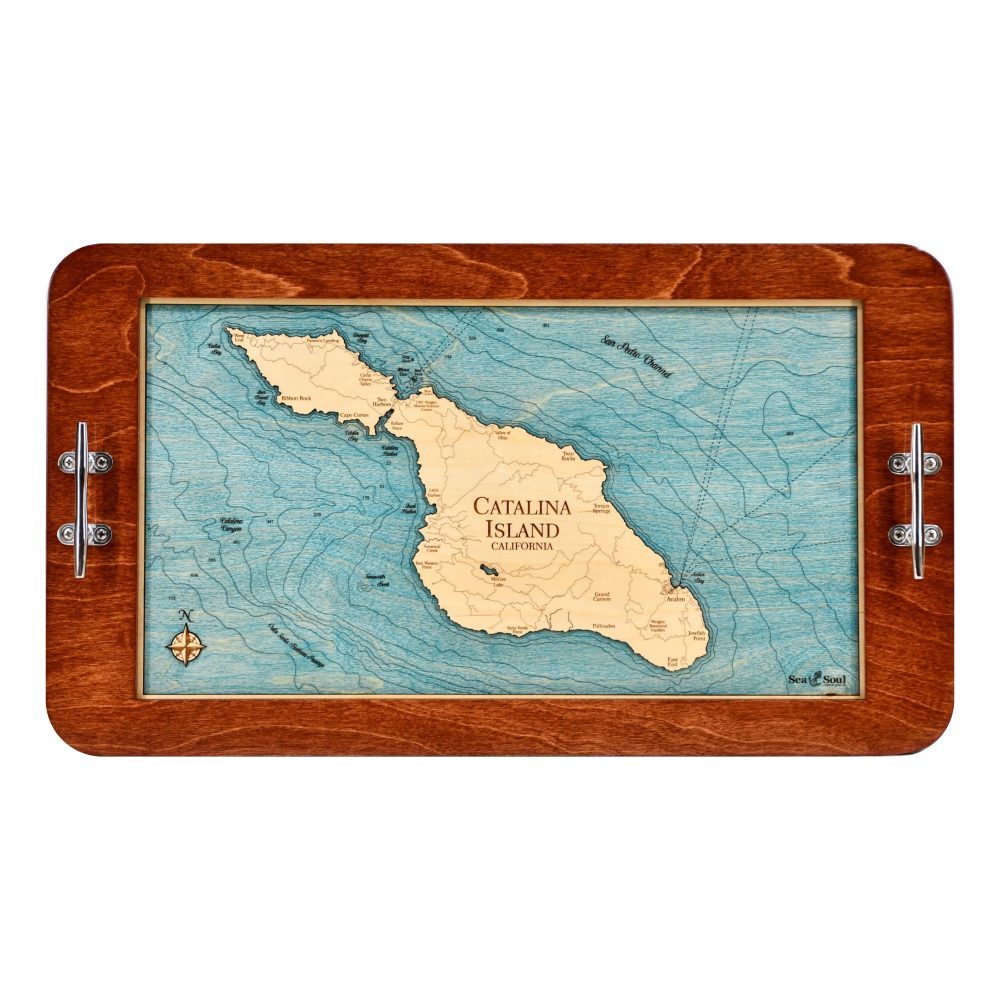 Catalina Island Boat Cleat Handle Serving Tray in Mahogany and Blue Green Water - product image