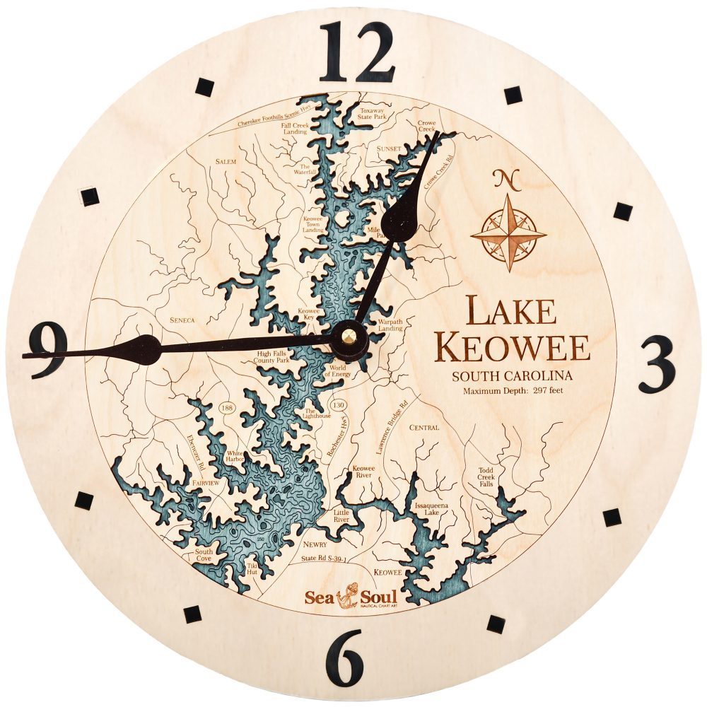 Lake Keowee 12-inch clock with Blue Green Water