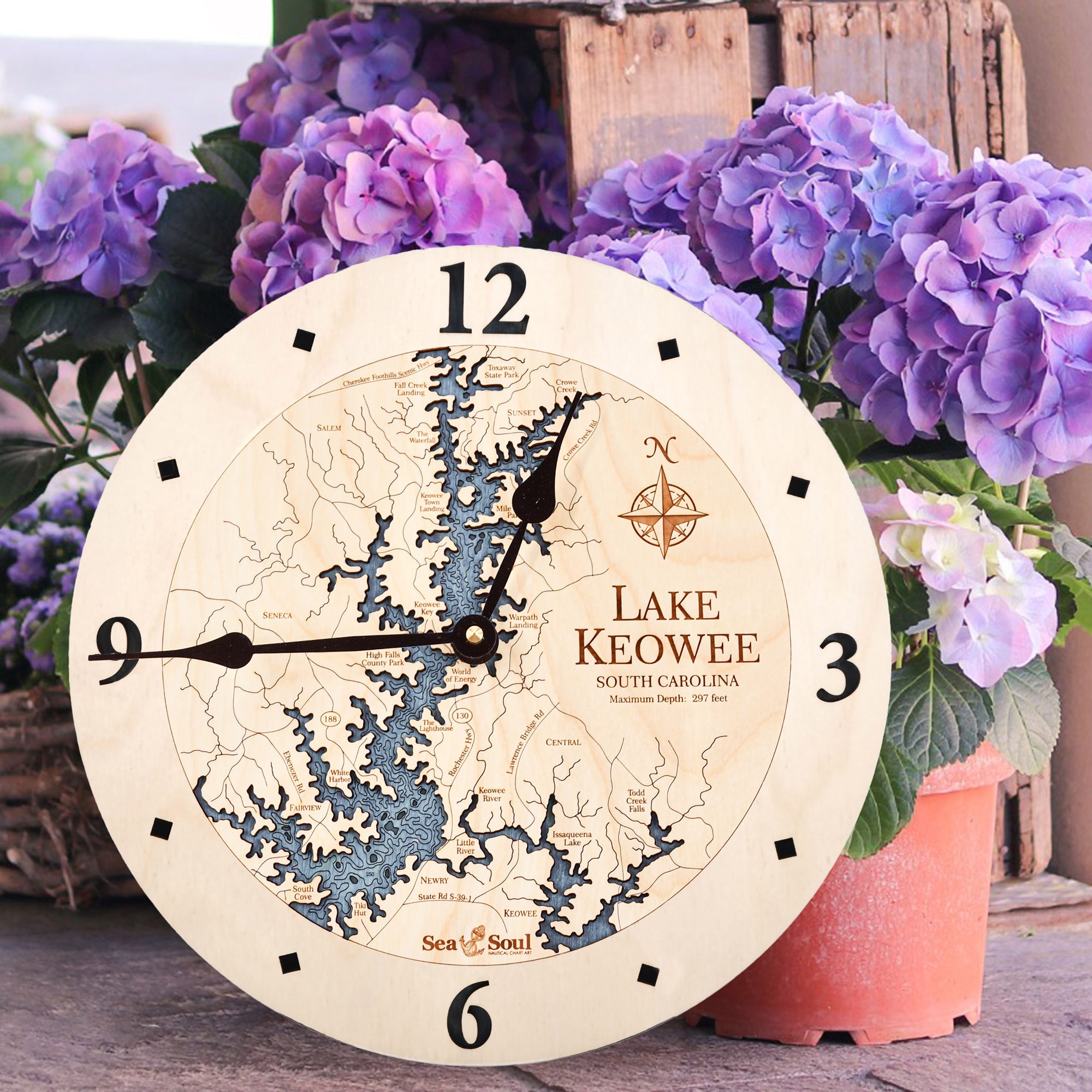 Lake Keowee all Birch with Deep Blue Water with Hydrangeas