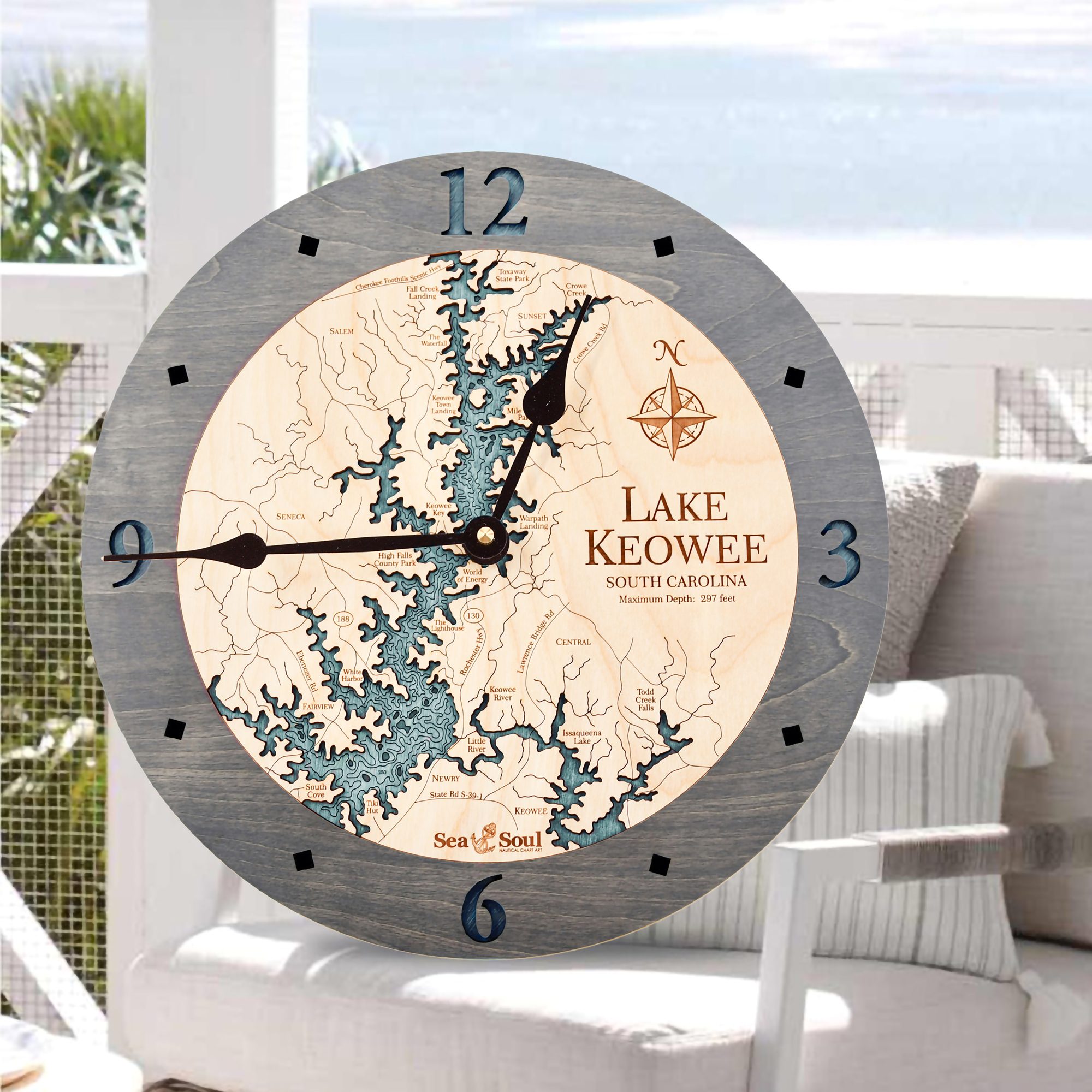 Lake Keowee Clock Driftwood with Blue Green Water on porch