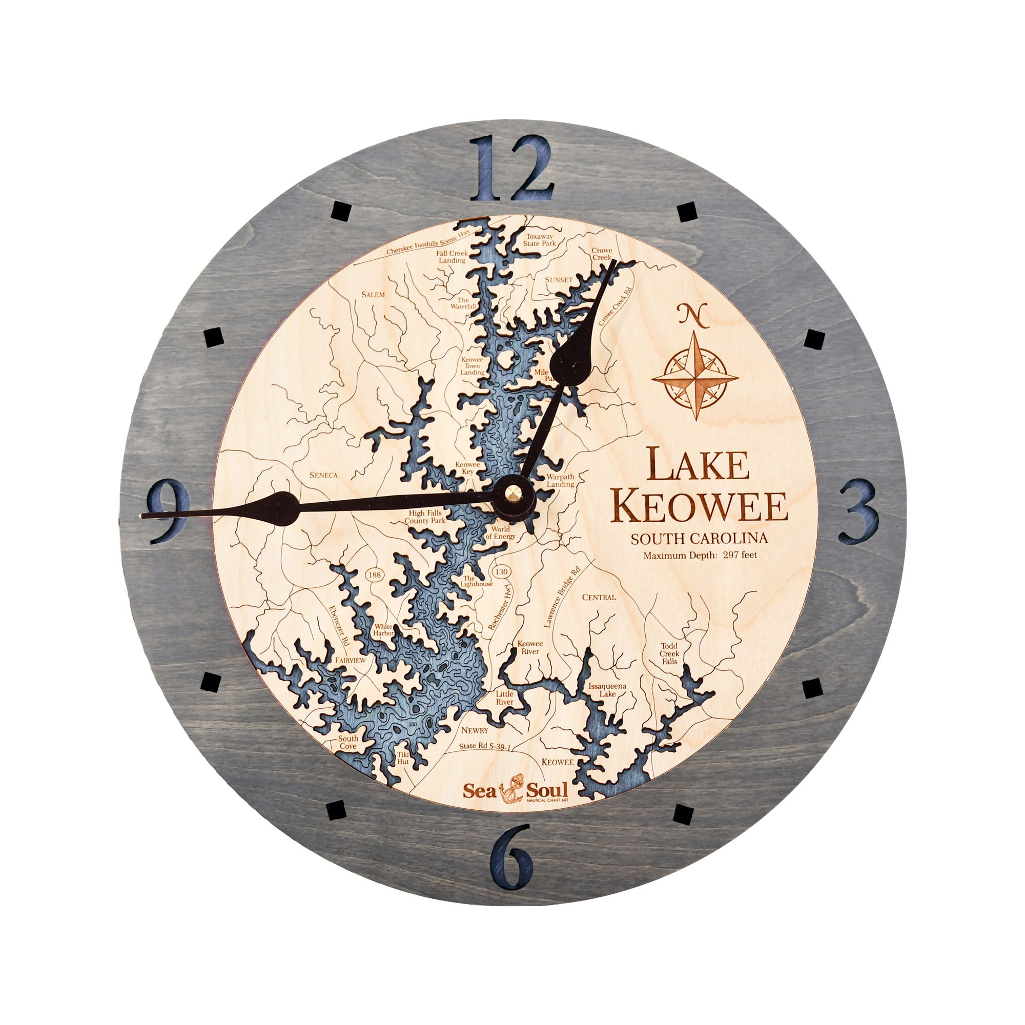 Lake Keowee Clock Driftwood with Deep Blue Water