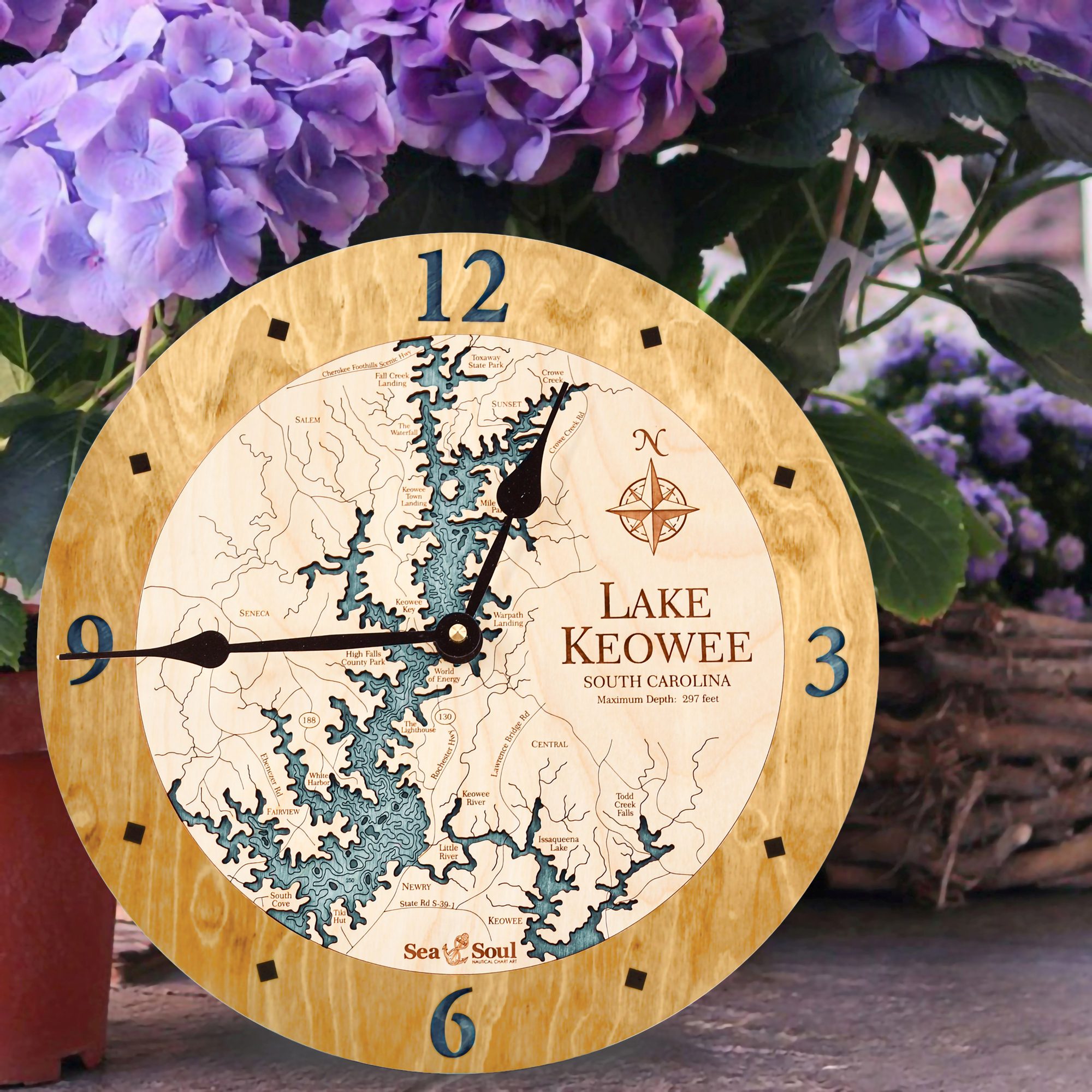 Lake Keowee Clock Honey with Blue Green Water outside