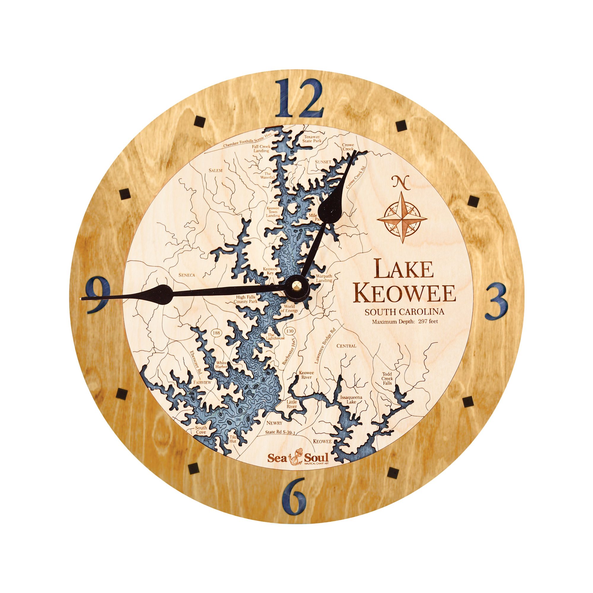 Lake Keowee Clock Honey with Deep Blue Water