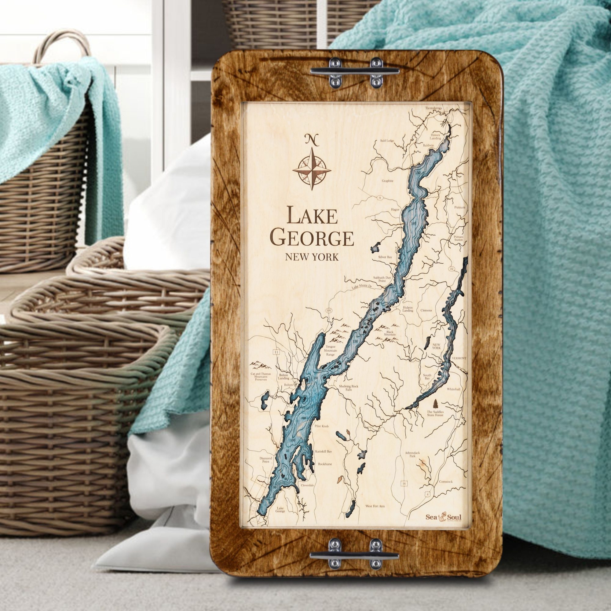 Lake George Serving Tray Distressed Coffee Frame + Blue Green Water Bedroom Lifestyle