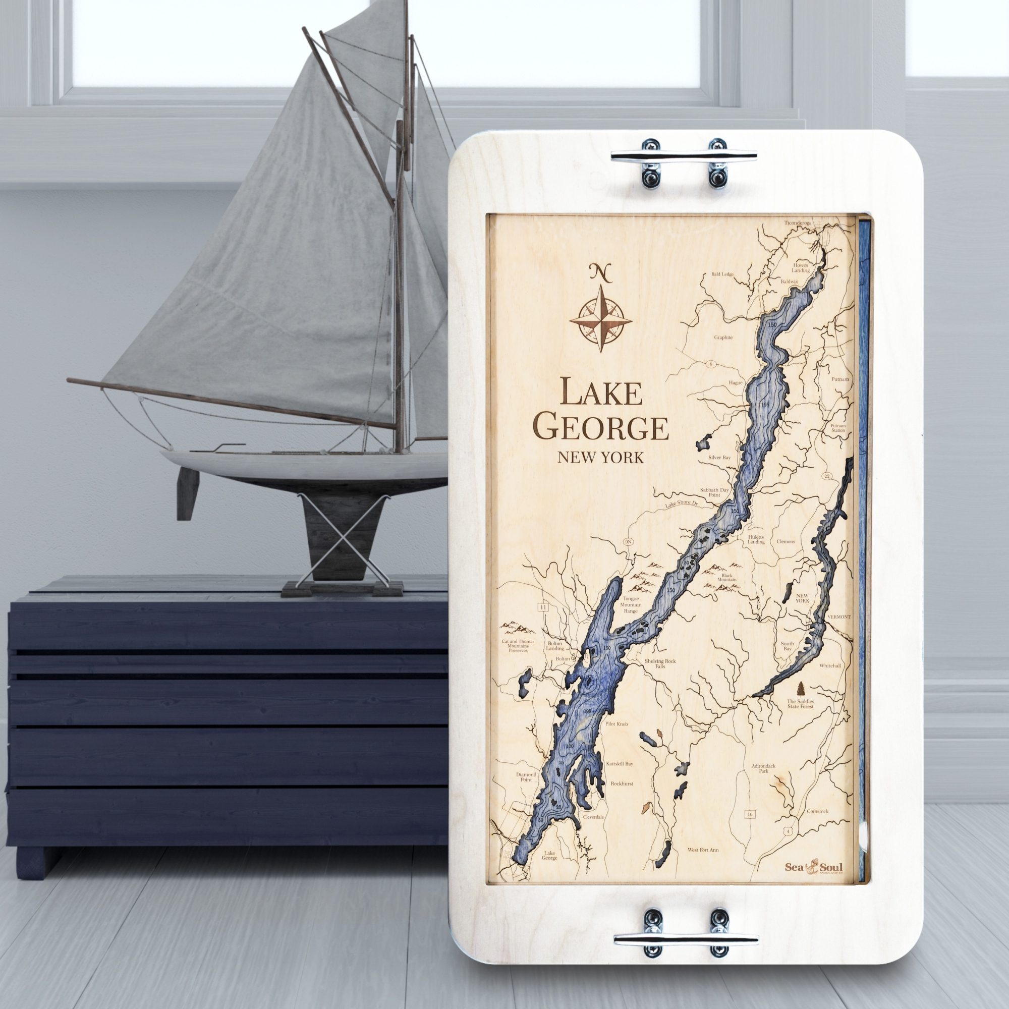 Lake George Serving Tray Coastal White Frame + Deep Blue Water Sailboat Lifestyle