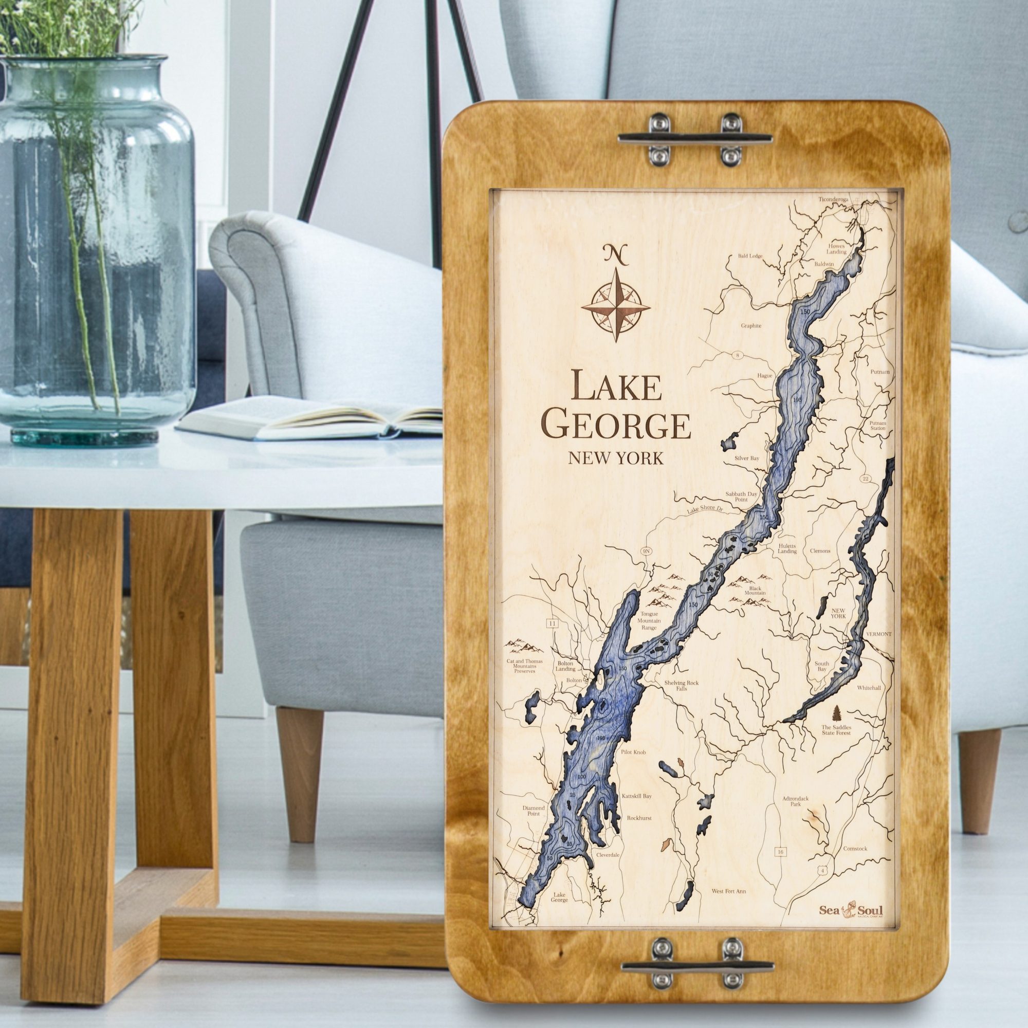 Lake George Serving Tray Honey Frame + Deep Blue Water Modern Lifestyle