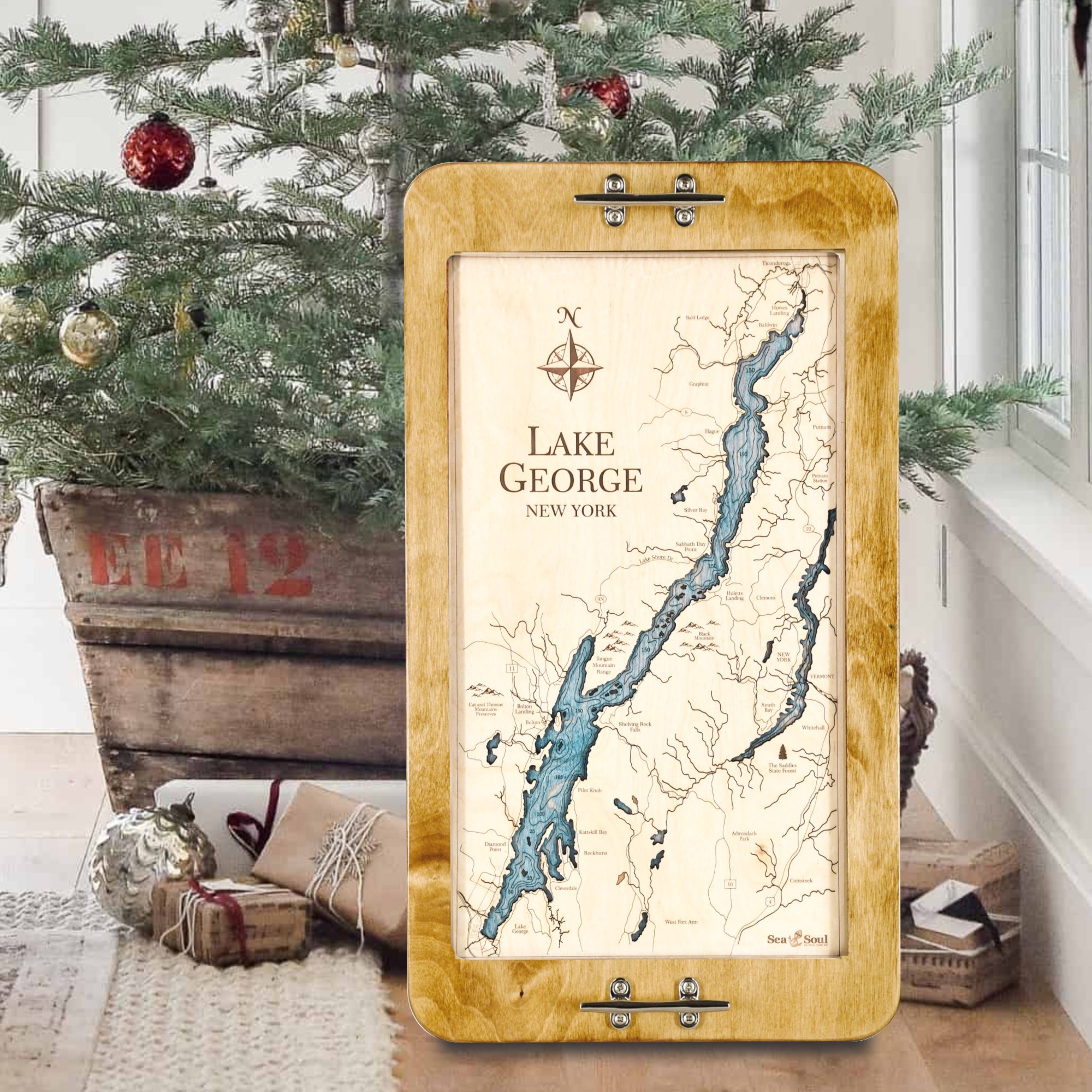 Lake George Serving Tray Honey Frame + Blue Green Water Holiday Lifestyle