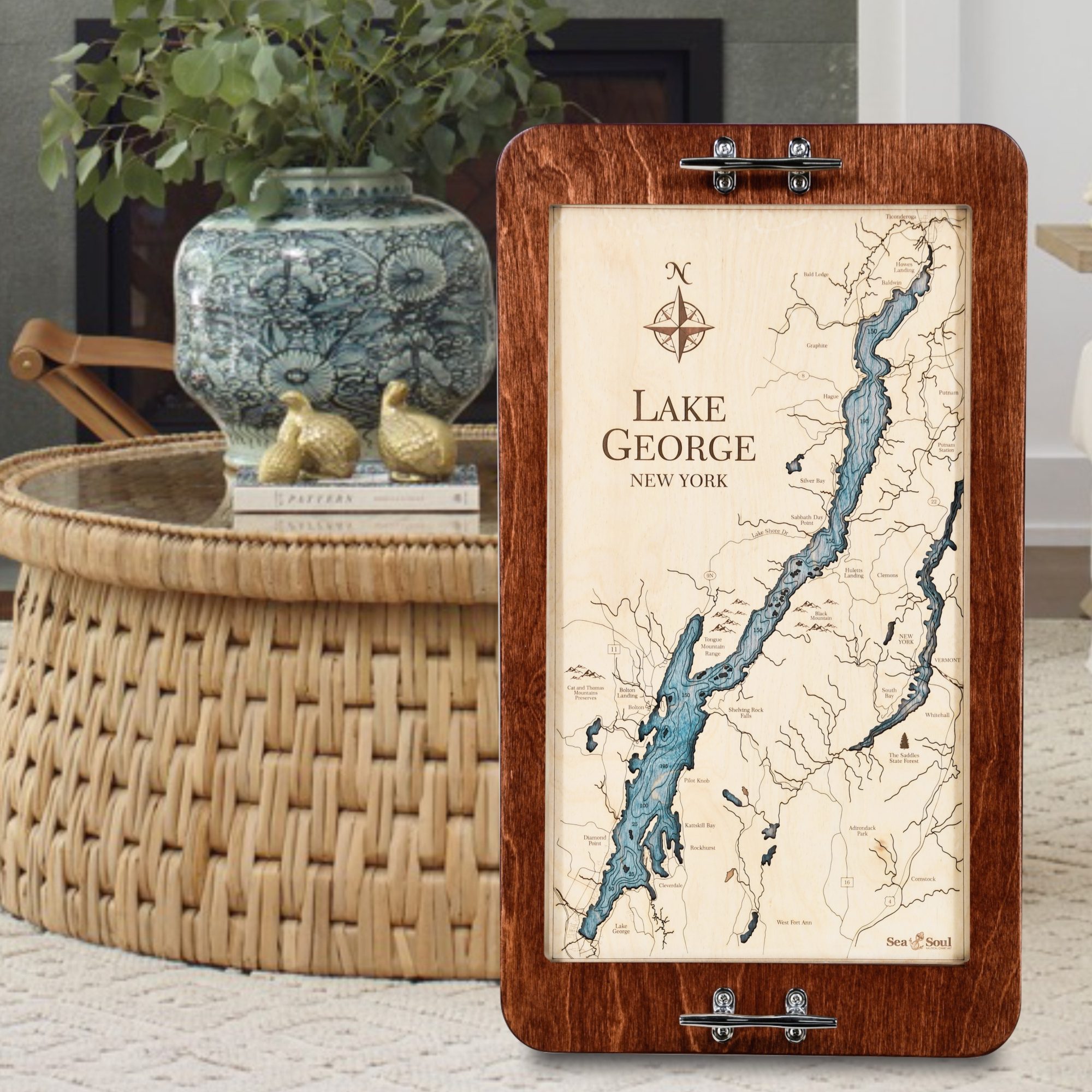 Lake George Serving Tray Mahogany Frame + Blue Green Water Interior Lifestyle