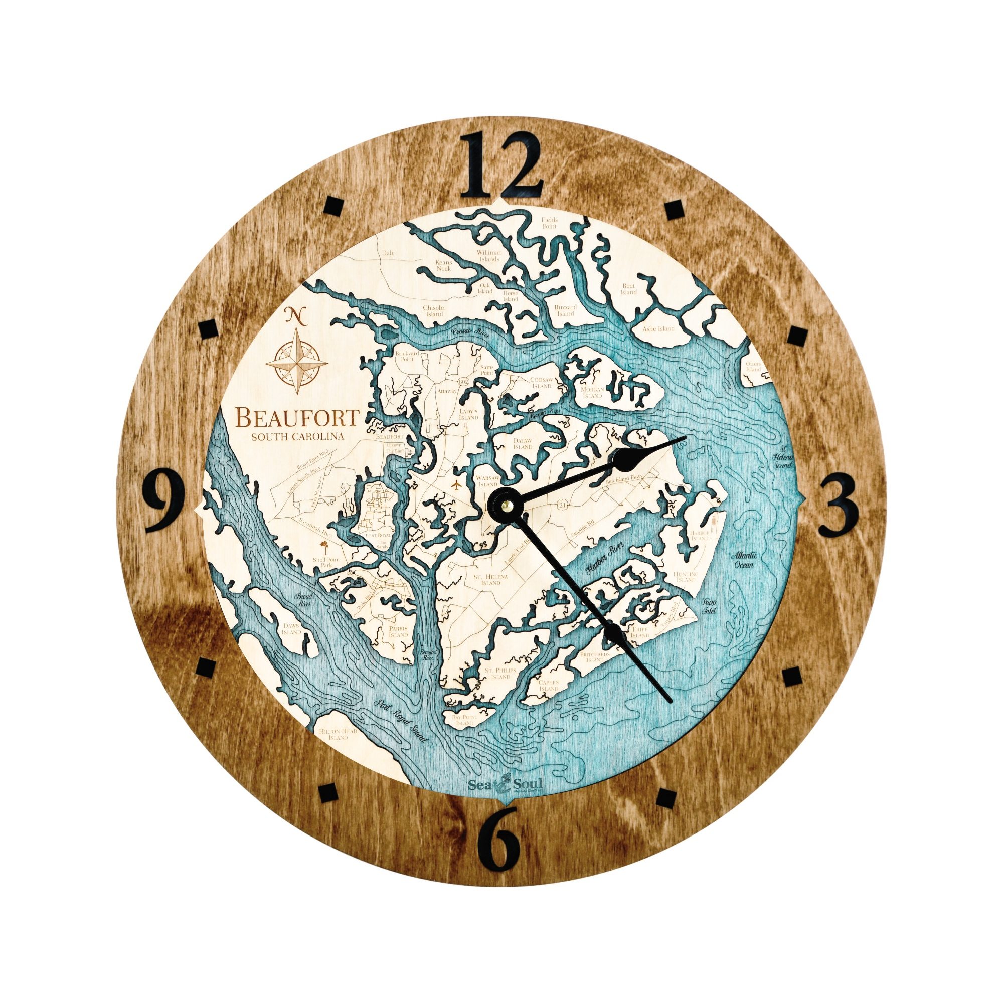 Beaufort South Carolina Clock in Americana with Blue Green Water - white bg