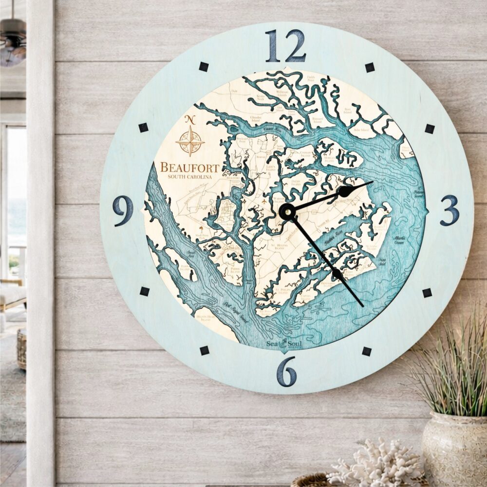 Beaufort South Carolina Clock in Bleached Blue with Blue Green Water