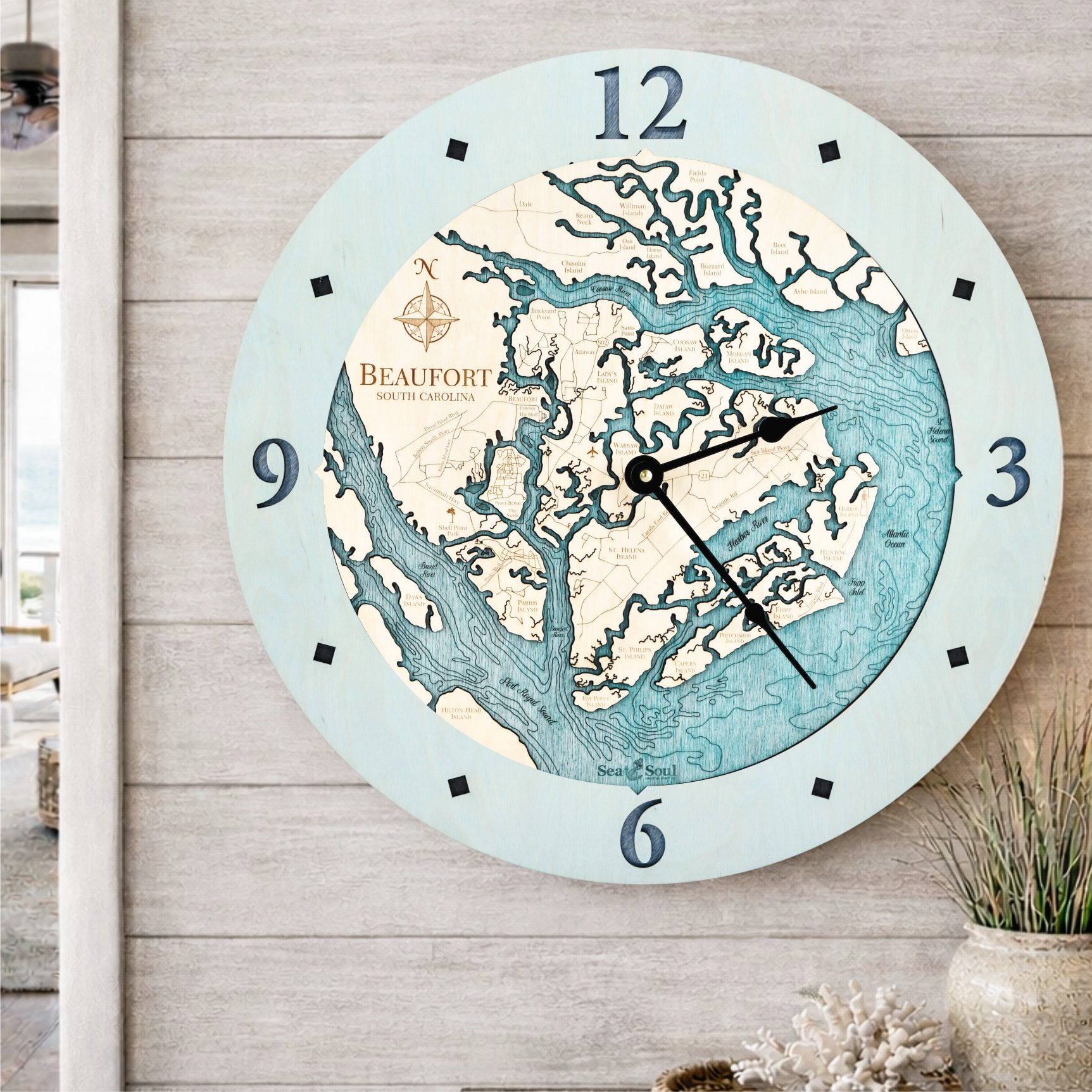 Beaufort South Carolina Clock in Bleached Blue with Blue Green Water