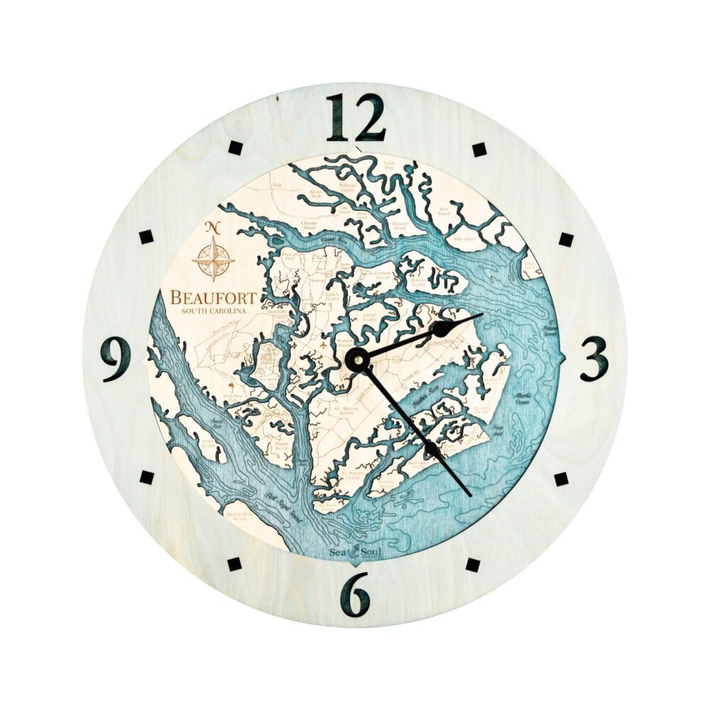 Beaufort South Carolina Clock in Bleached Blue with Blue Green Water - white bg