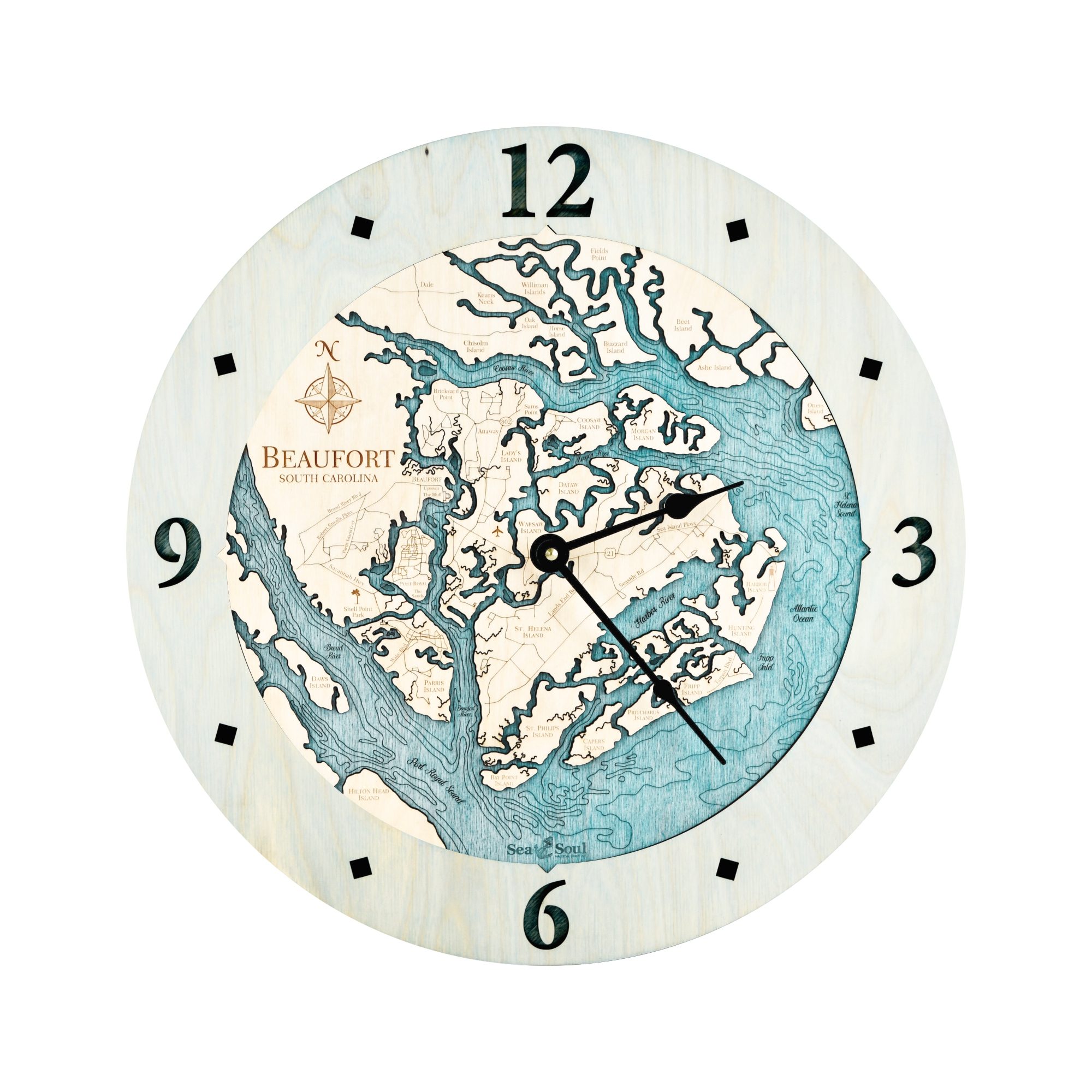 Beaufort South Carolina Clock in Bleached Blue with Blue Green Water - white bg