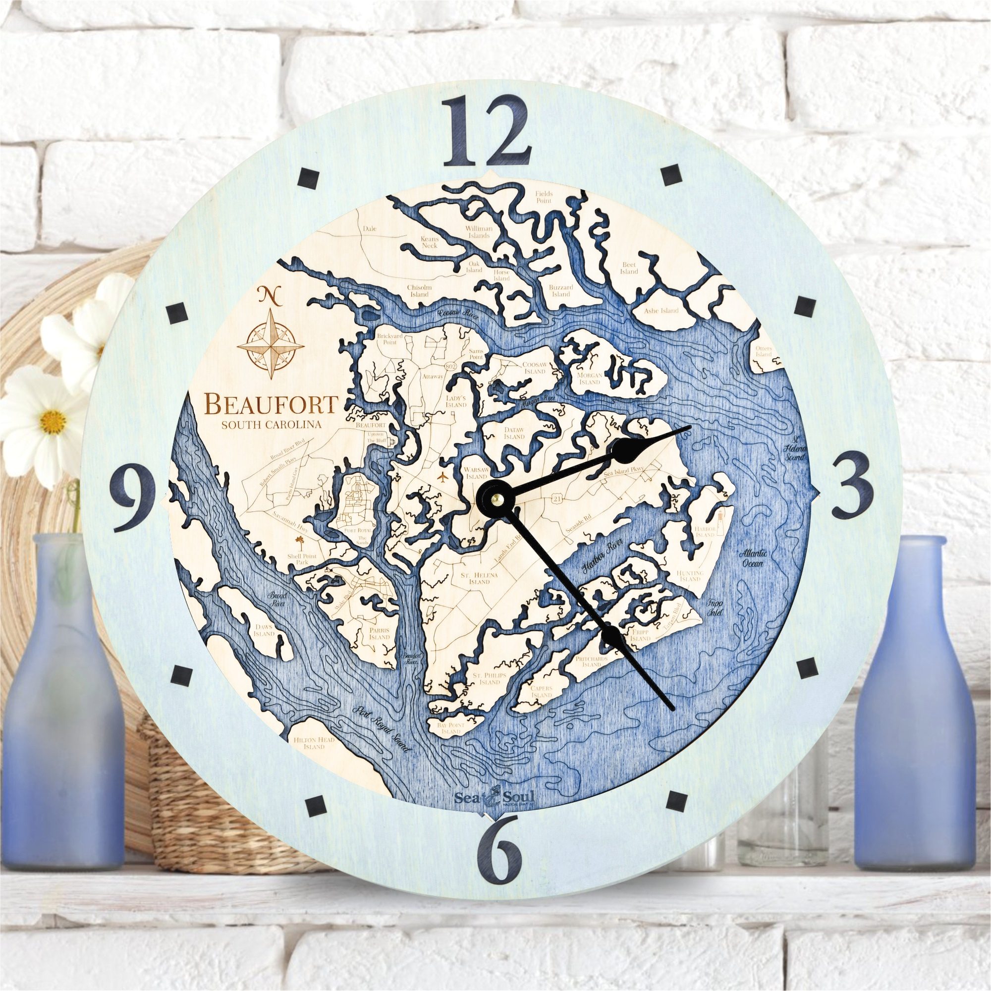 Beaufort South Carolina Clock in Bleached Blue with Deep Blue Water