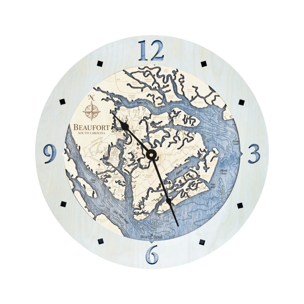 Beaufort South Carolina Clock in Bleached Blue with Deep Blue Water - white bg