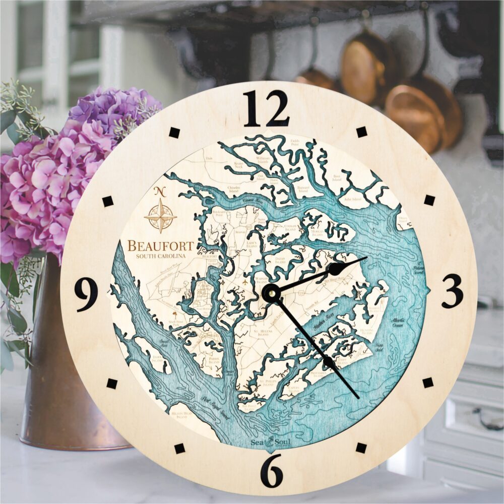 Beaufort South Carolina Clock in all Birch with Blue Green Water