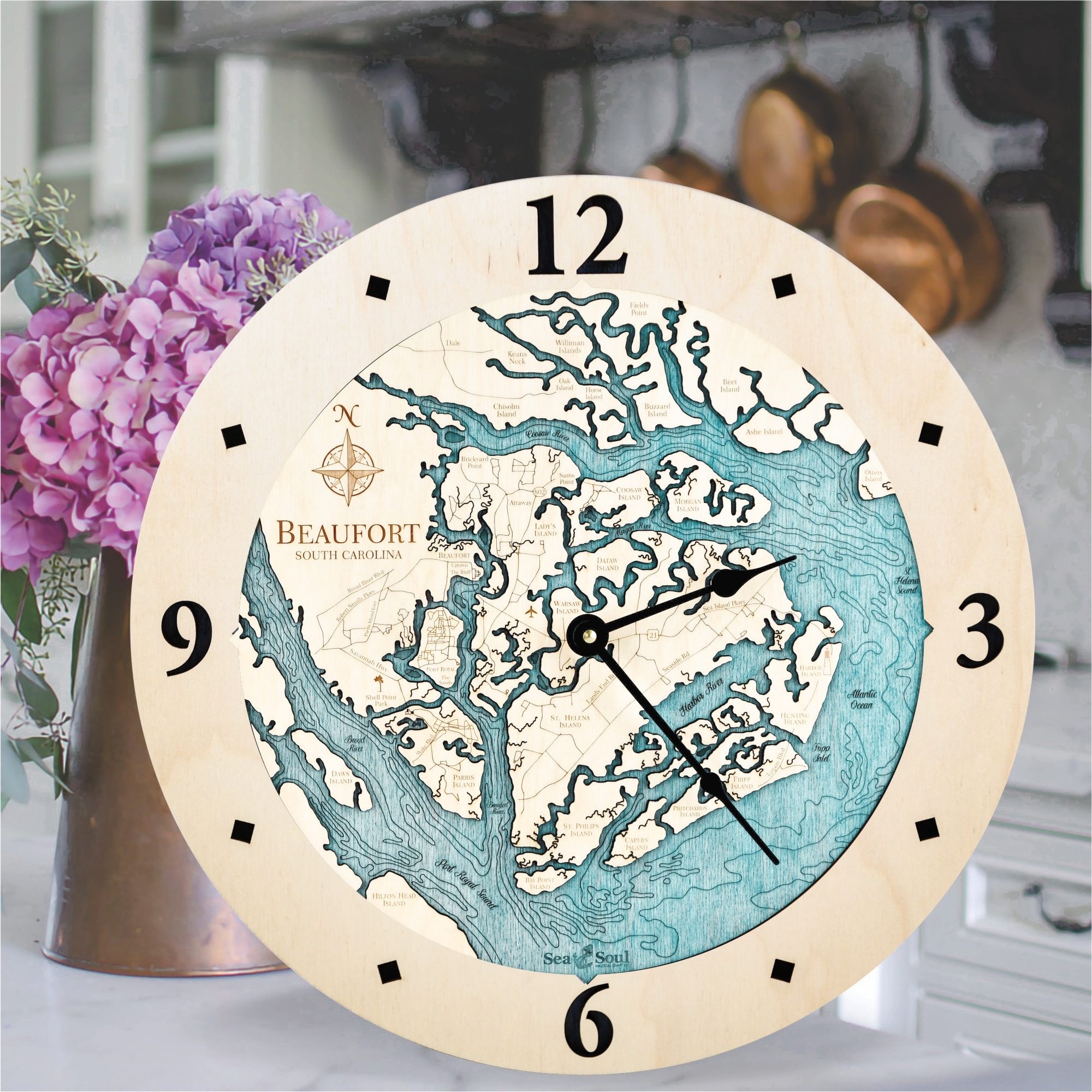 Beaufort South Carolina Clock in all Birch with Blue Green Water