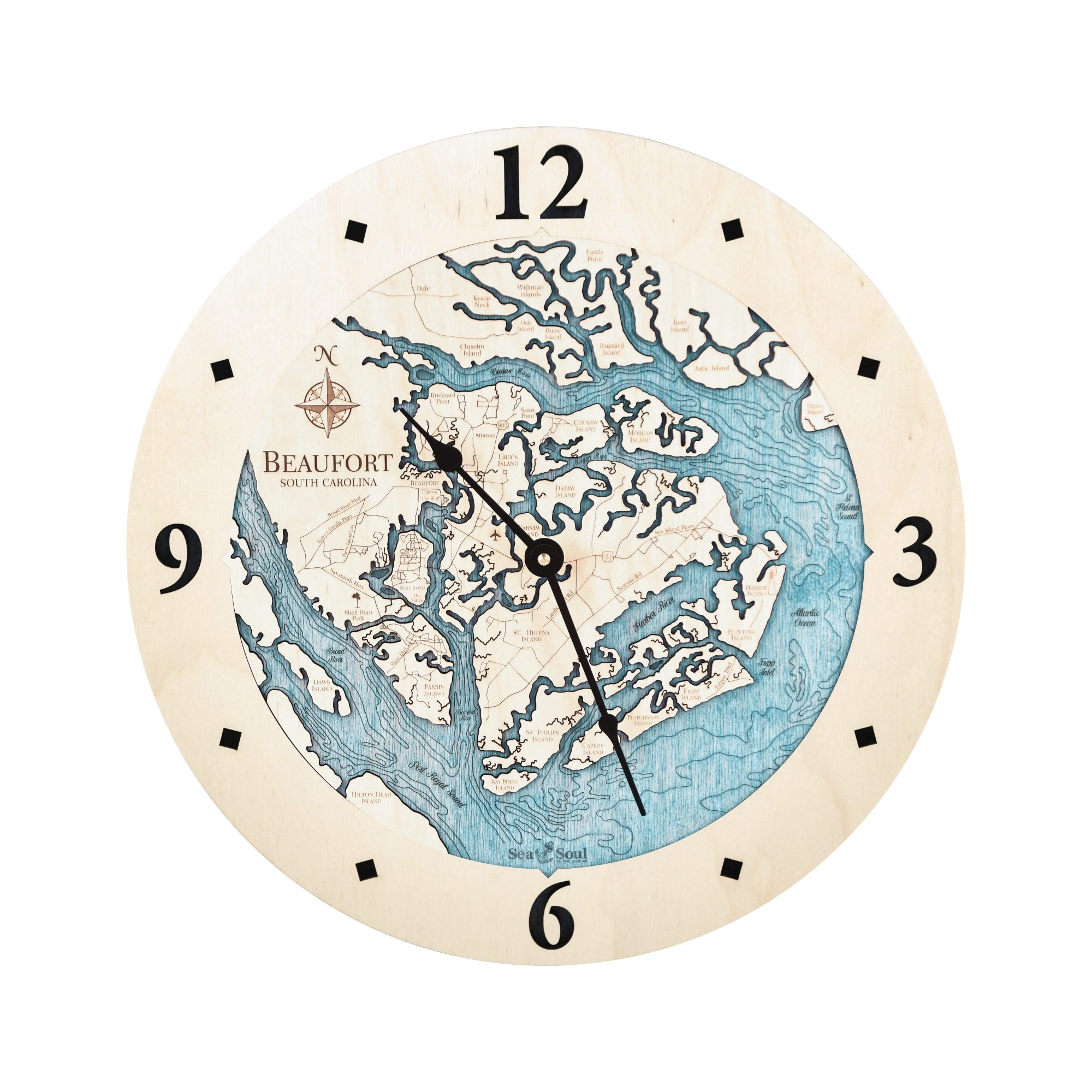 Beaufort South Carolina Clock in all Birch with Blue Green Water - white bg