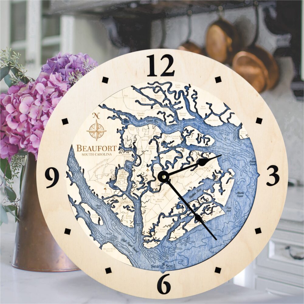 Beaufort South Carolina Clock in all Birch with Deep Blue Water