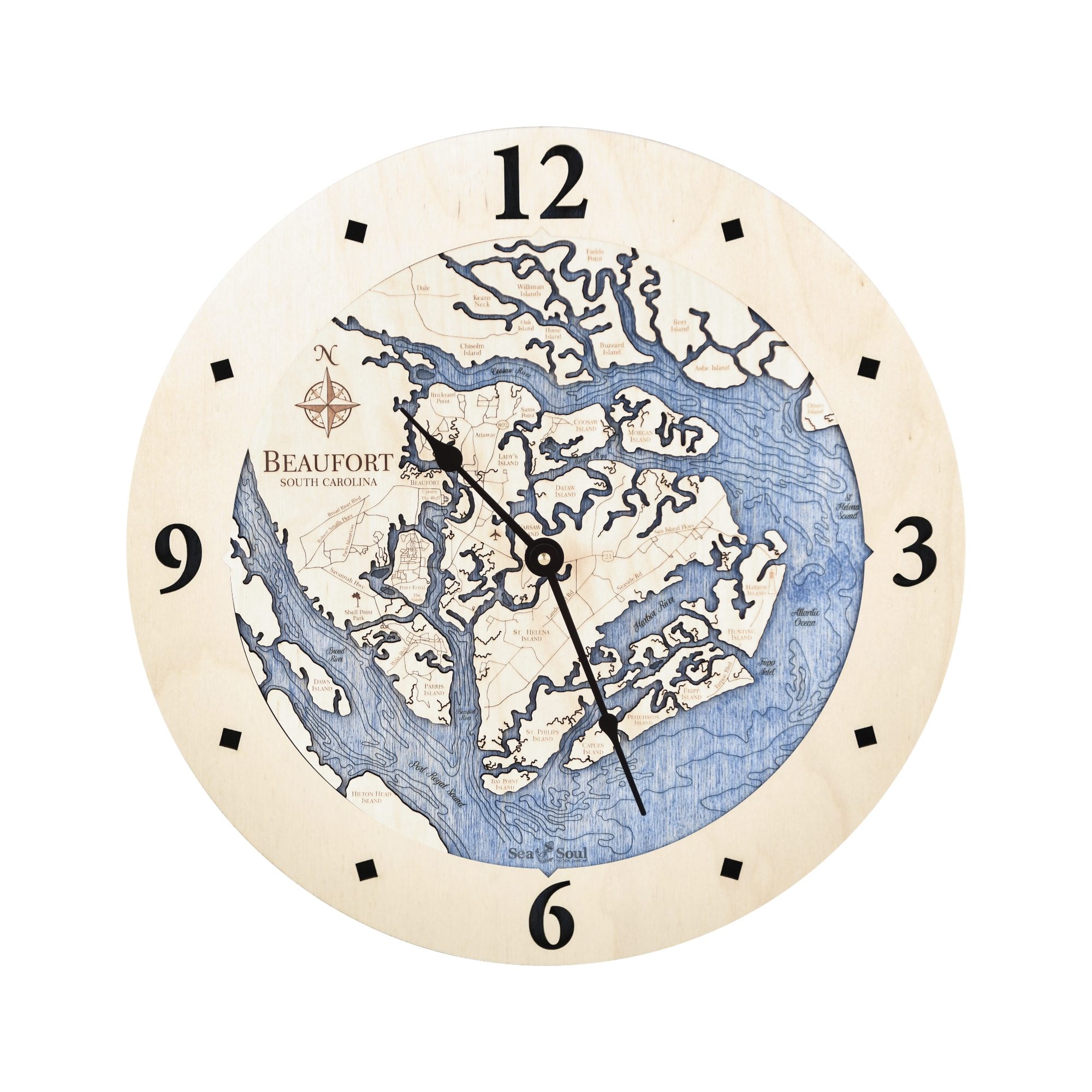 Beaufort South Carolina Clock in all Birch with Deep Blue Water - white bg