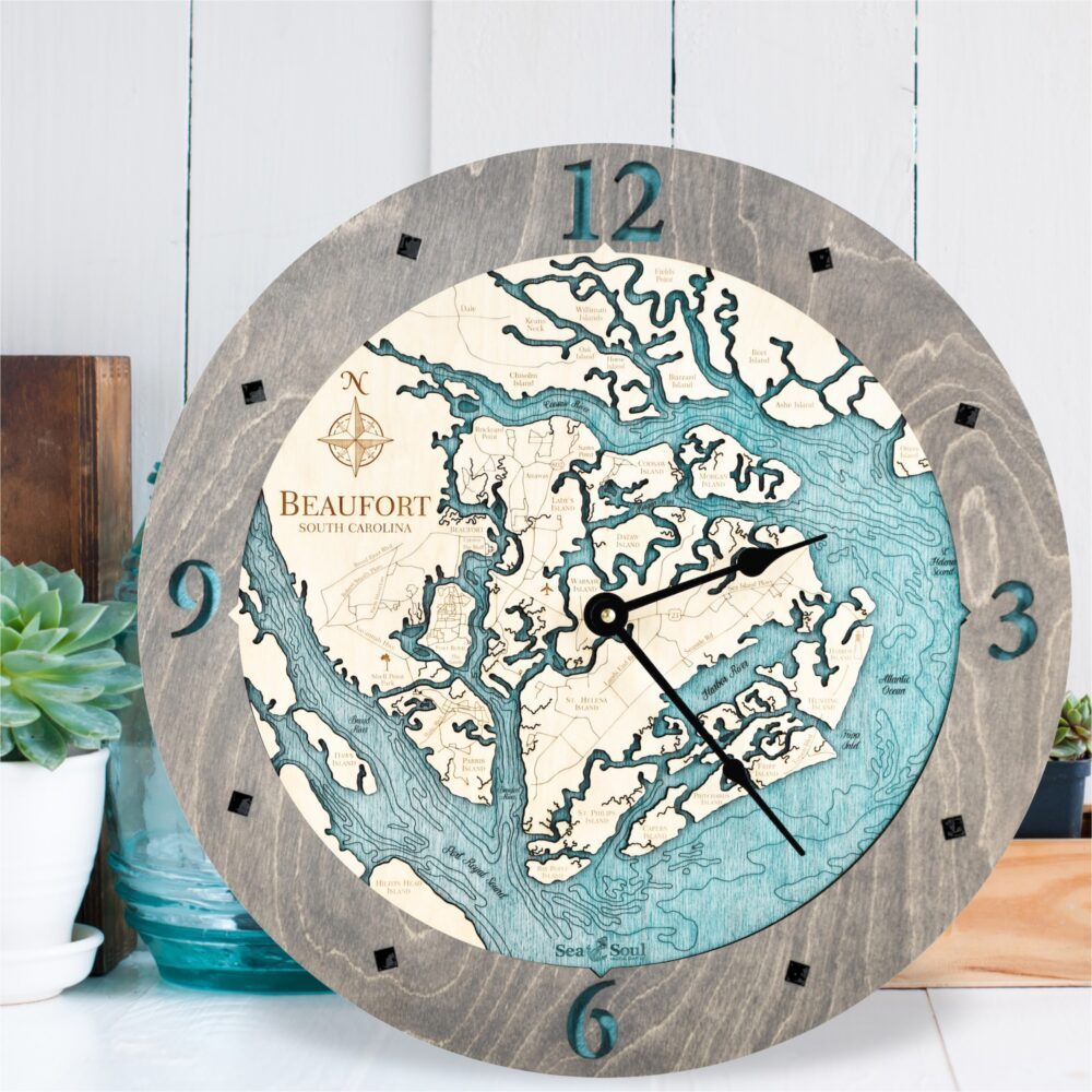 Beaufort South Carolina Clock in Driftwood with Blue Green Water