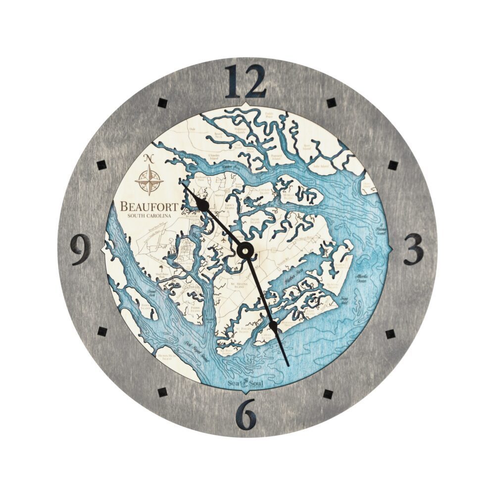 Beaufort South Carolina Clock in Driftwood with Blue Green Water - white bg