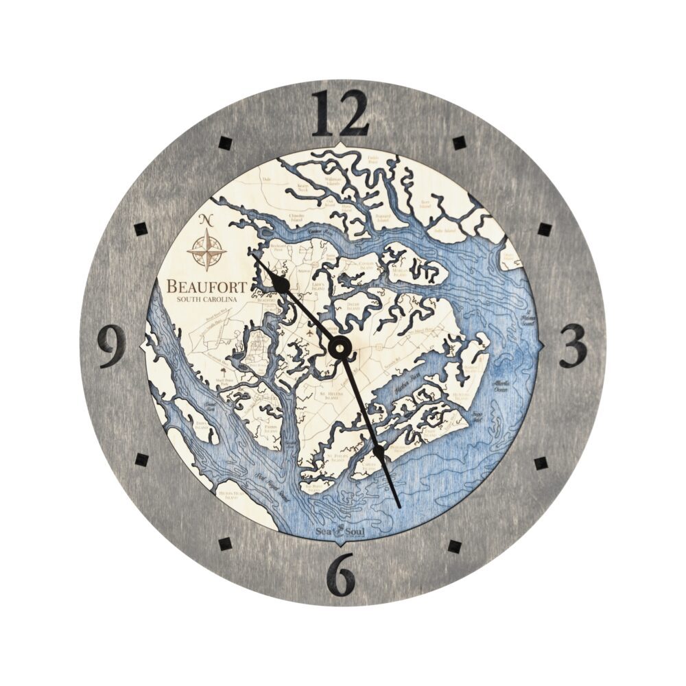 Beaufort South Carolina Clock in Driftwood with Deep Blue Water - white bg