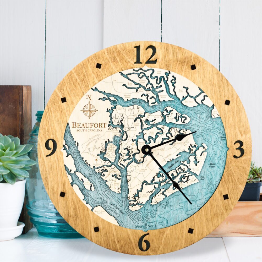 Beaufort South Carolina Clock in Golden Honey with Blue Green Water
