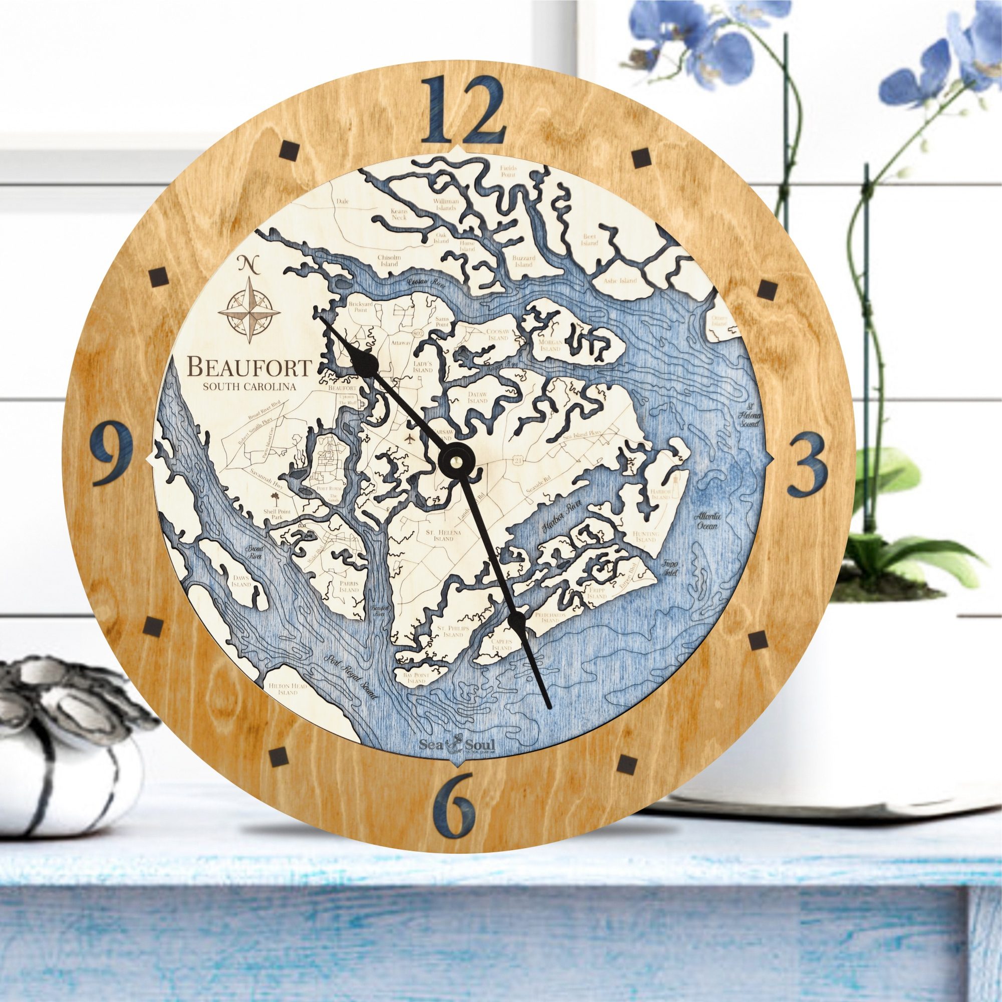 Beaufort South Carolina Clock in Golden Honey with Deep Blue Water
