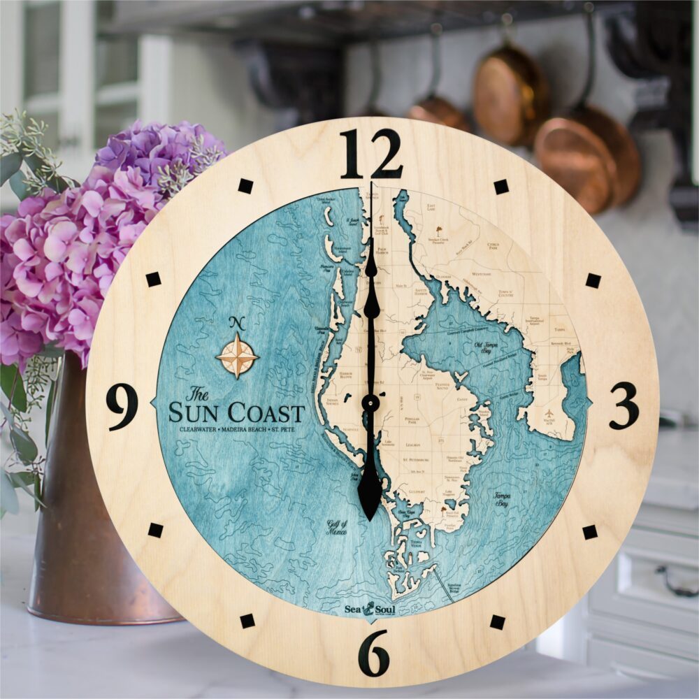 Sun Coast Clock in Birch and Blue Green in kitchen