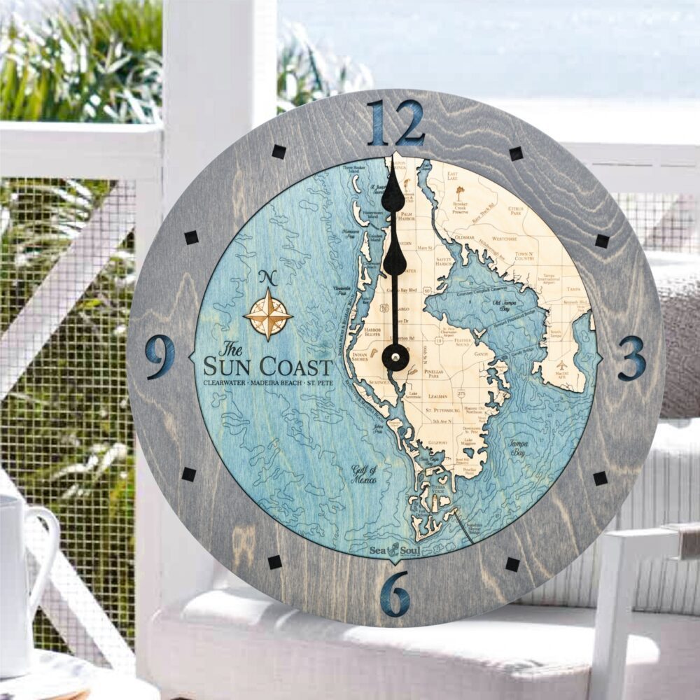 Sun Coast Clock Driftwood Gray with blue green water on lanai
