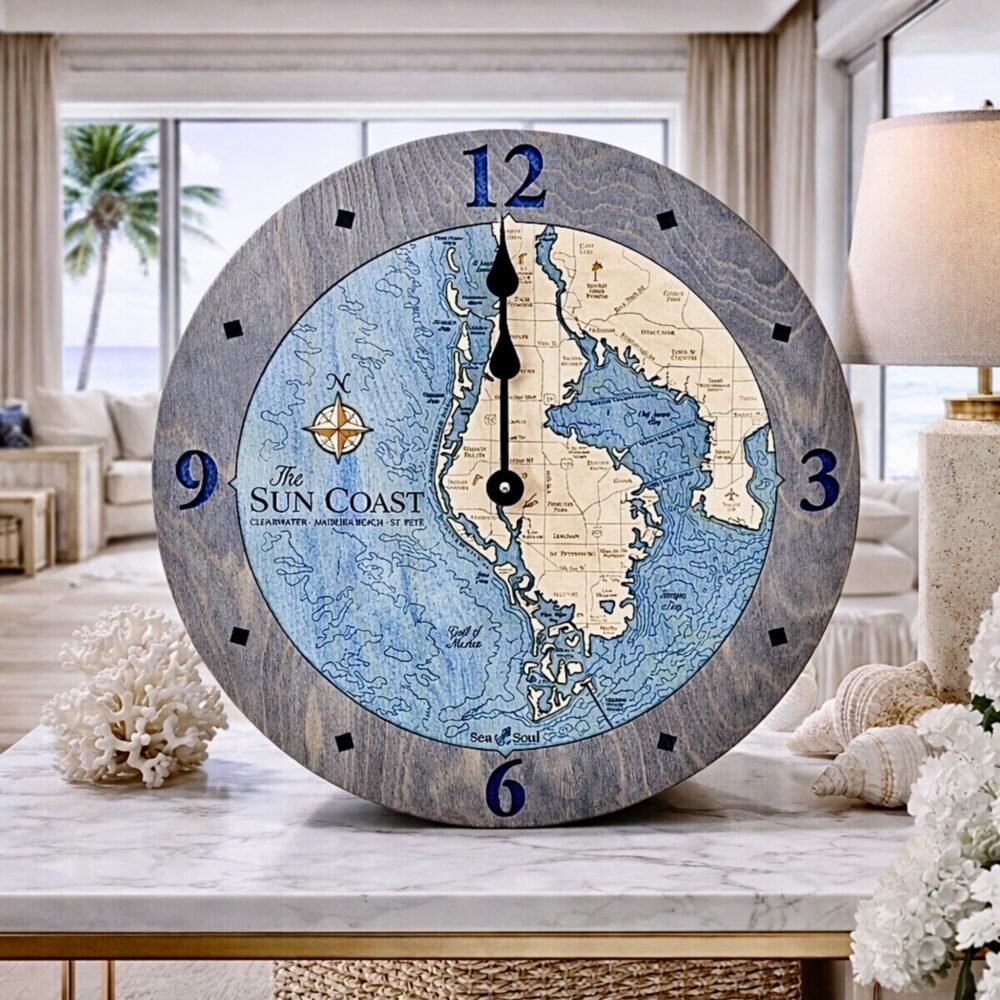 Sun Coast Clock in Driftwood and Deep Blue in Beach House