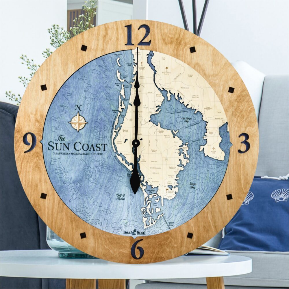 Sun Coast Clock in Honey and Deep Blue in living room