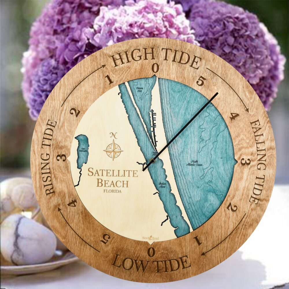 Satellite Beach Florida Tide Clock in Americana Accent Ring with Blue Green Water in use
