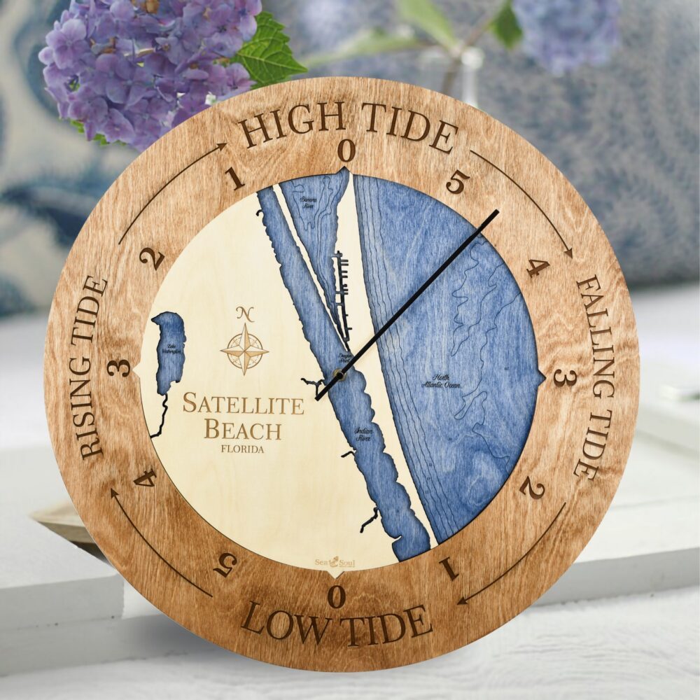 Satellite Beach Florida Tide Clock in Americana Accent Ring with Deep Blue Water in use