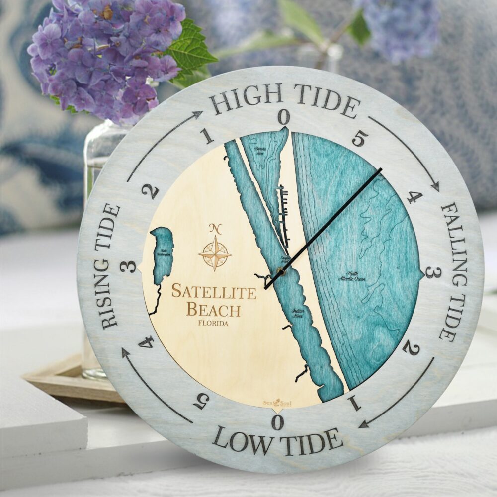 Satellite Beach Florida Tide Clock in Bleached Blue Accent Ring with Blue Green Water in use