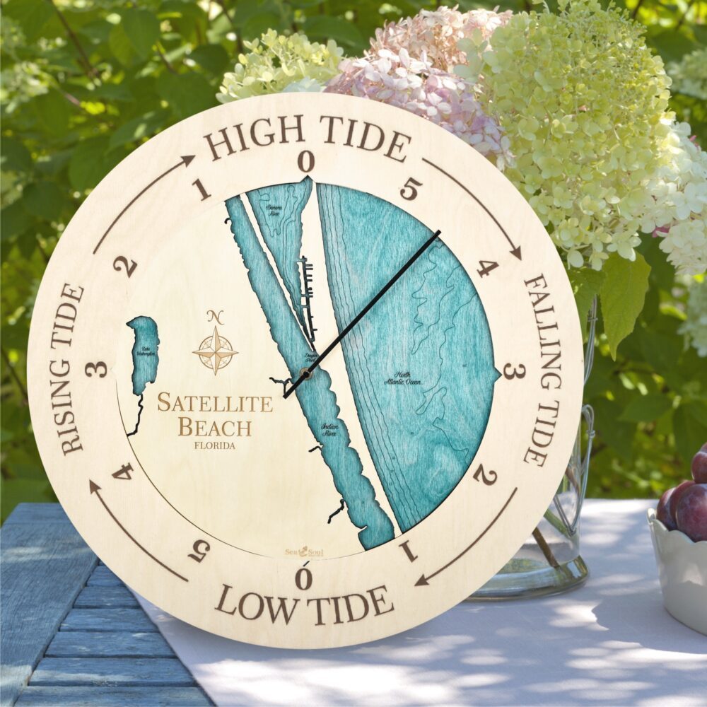 Satellite Beach Florida Tide Clock in All Birch with Blue Green Water in use