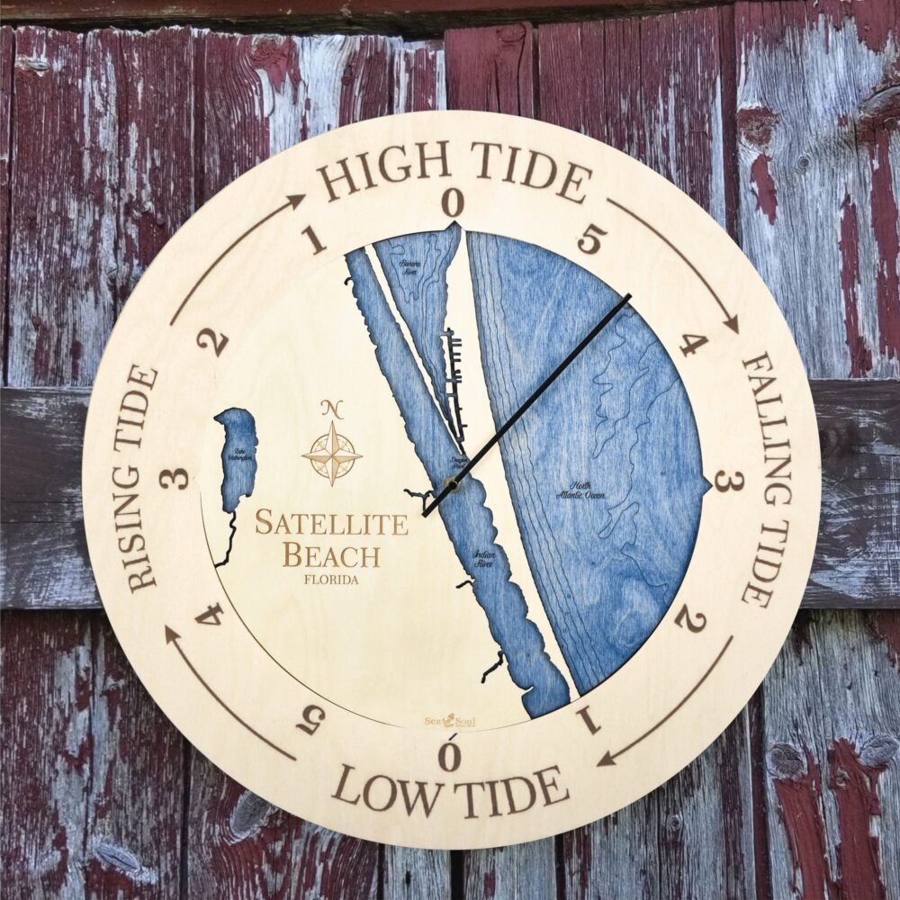 Satellite Beach Florida Tide Clock in All Birch with Deep Blue Water in use