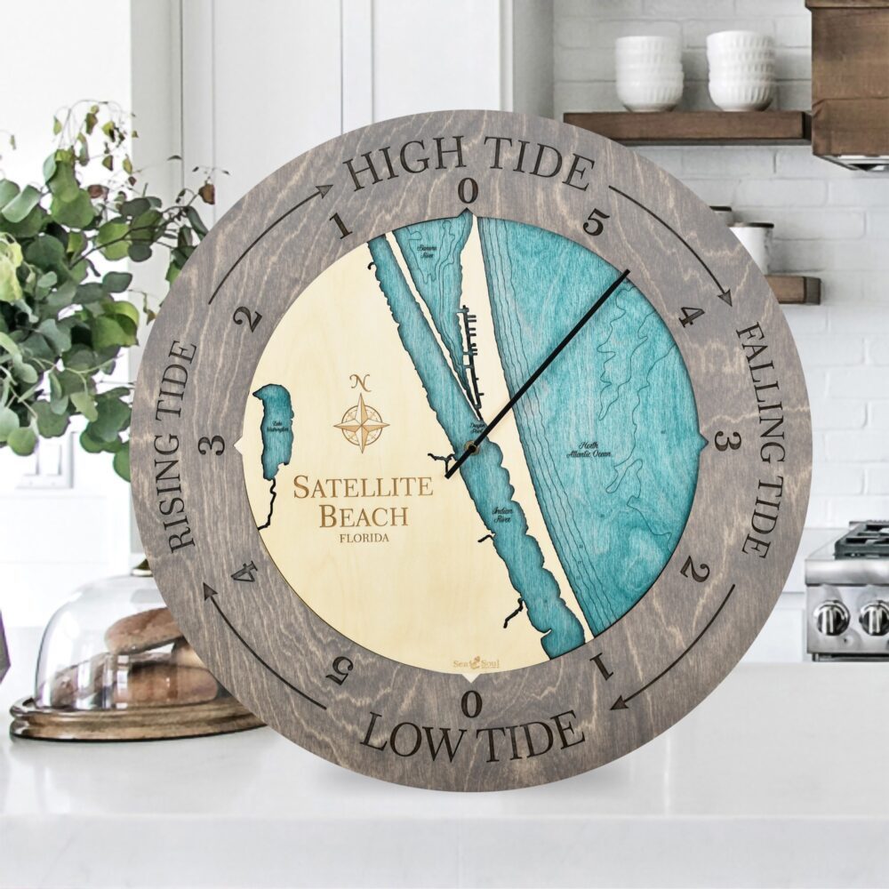 Satellite Beach Florida Tide Clock in Driftwood Accent Ring with Blue Green Water in use