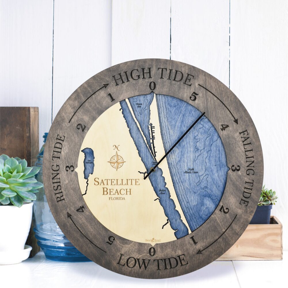 Satellite Beach Florida Tide Clock in Driftwood Accent Ring with Deep Blue Water in use