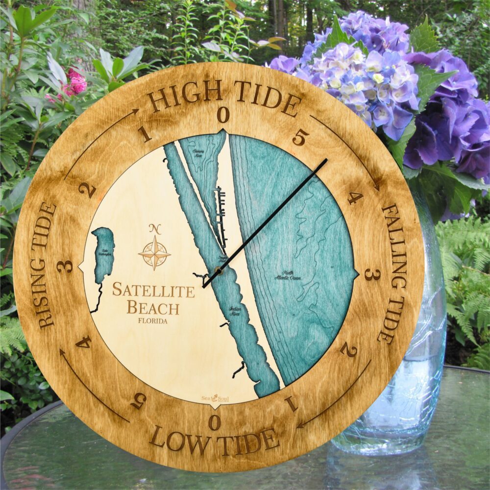 Satellite Beach Florida Tide Clock in Honey Accent Ring with Blue Green Water in use