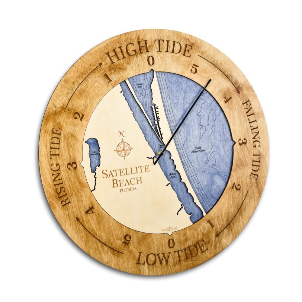 Satellite Beach Florida Tide Clock in Honey Accent Ring with Deep Blue Water angle