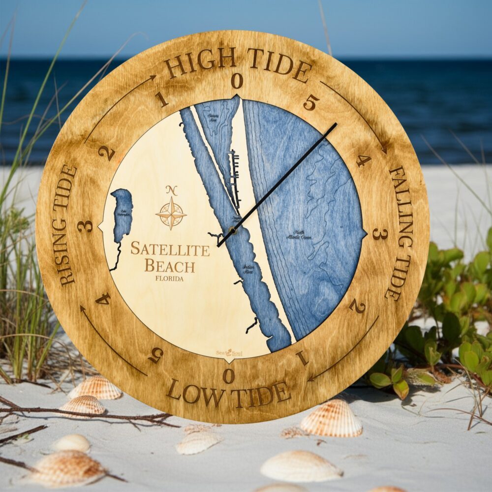 Satellite Beach Florida Tide Clock in Honey Accent Ring with Deep Blue Water in use
