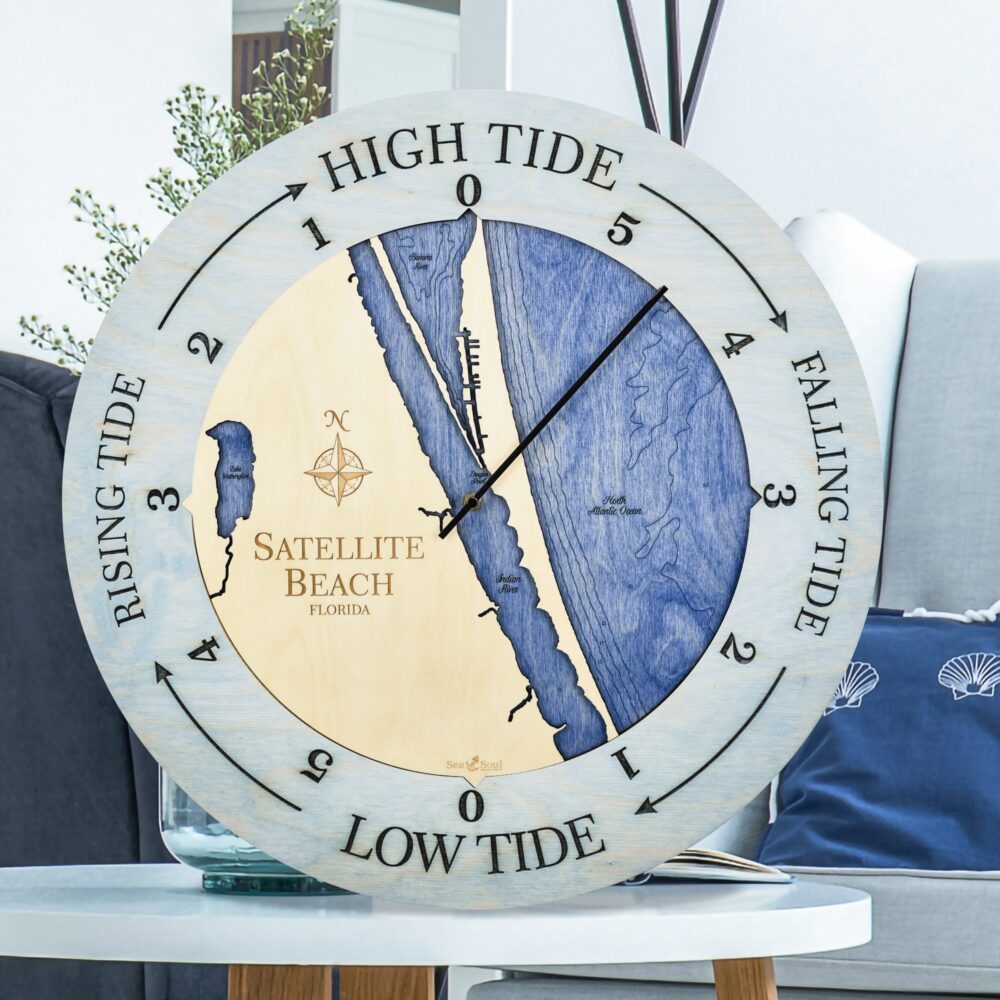 Satellite Beach Florida Tide Clock in Driftwood Accent Ring with Deep Blue Water in use