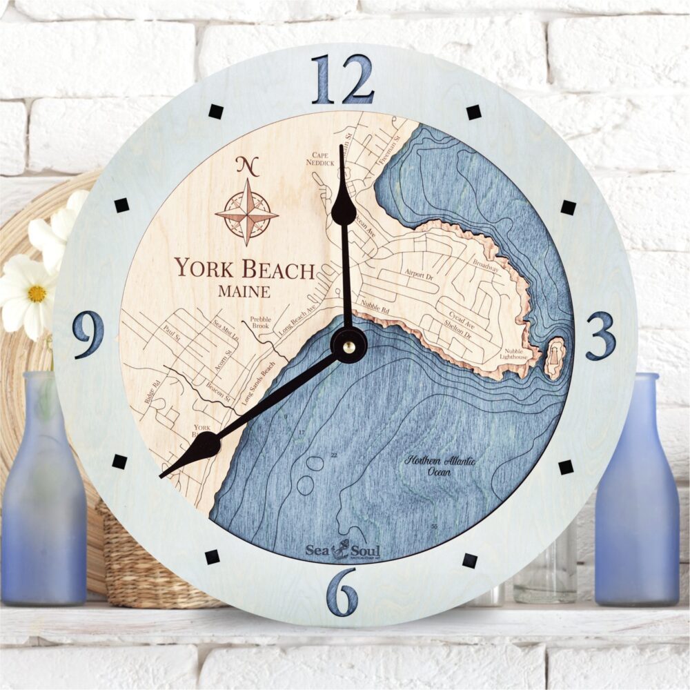 York Beach Maine Clock in Bleached Blue with Deep Blue Water in use
