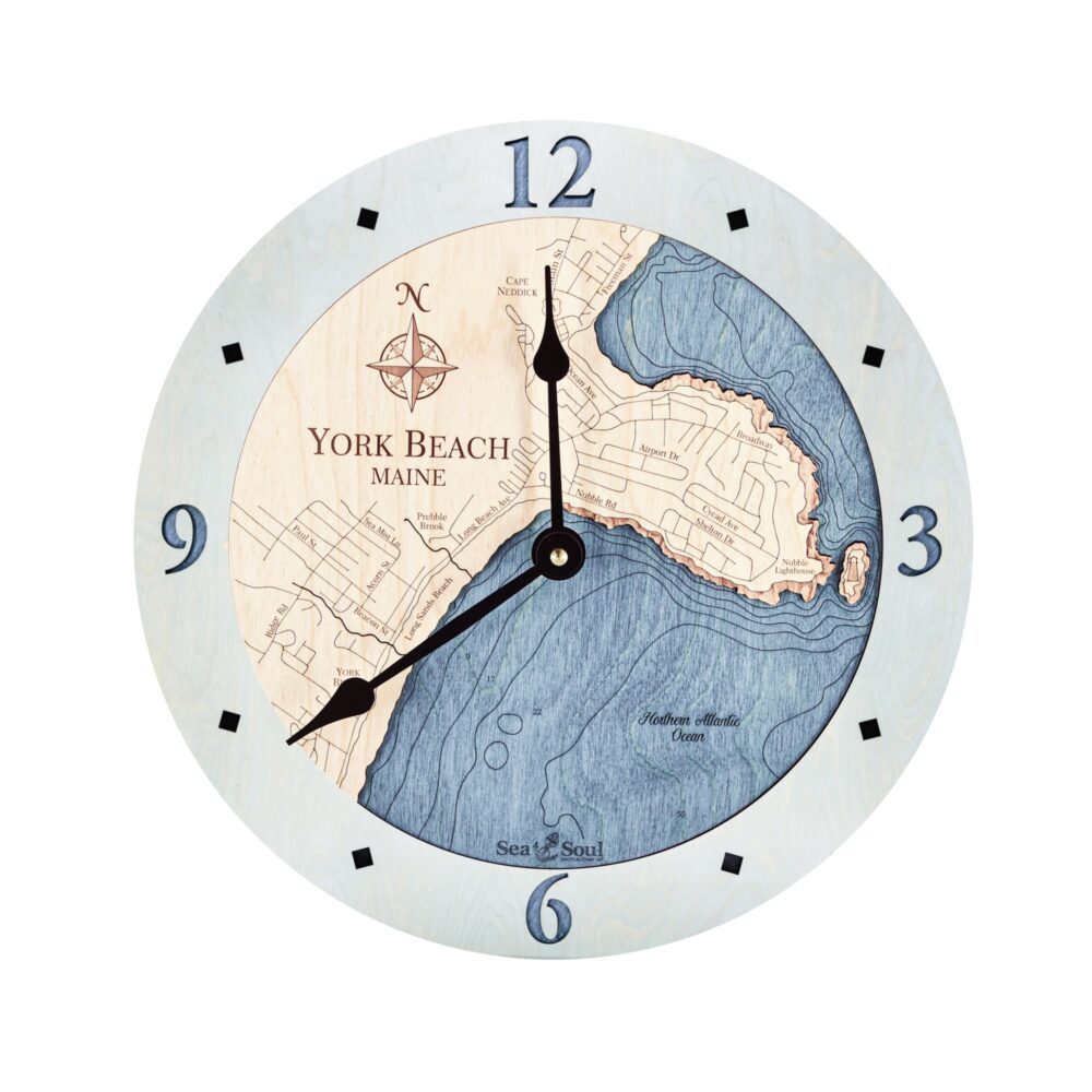 York Beach Maine Clock in Bleached Blue with Deep Blue Water